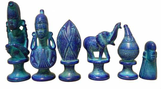 Black & Blue Soapstone African Tribe Chess Pieces - Blue