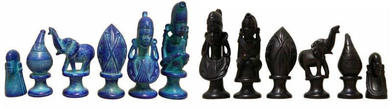 Black & Blue Soapstone African Tribe Chess Pieces 