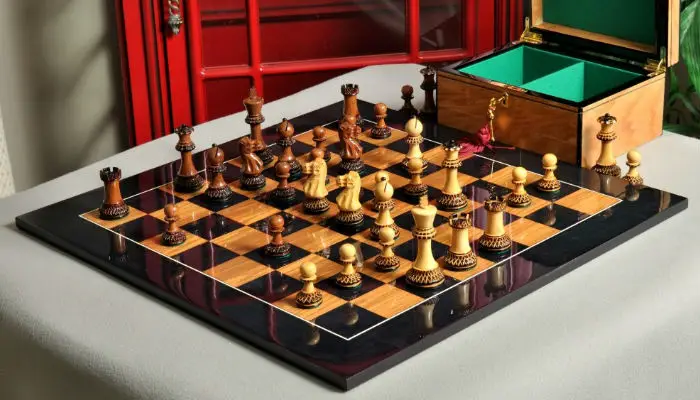 The Burnt Golden Rosewood Grandmaster Series Chess Set, Box, & Board Combination