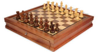 New Exclusive Staunton Chess Set in Golden Rosewood & Boxwood with Walnut Chess Case - 3" King