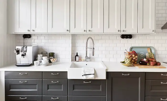 White upper cabinets with black lower cabinets. 