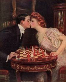 Painting of a couple kissing over a chess board
