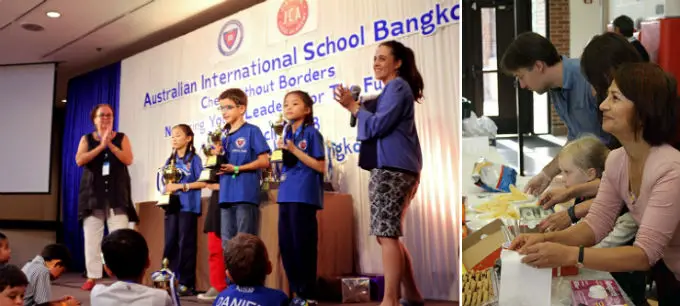 Chess without Borders in the Australian International School in Bangkok(left).Kiran Frey gathers donation during a Chess Without Borders activity (right).
