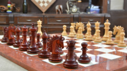 Combo of Arabian Knight Series Artisan Staunton Chess Pieces in Bud Rose & Boxwood & Red Ash Burl Board - 4.2" King
