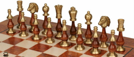 Large Contemporary Staunton Solid Brass & Wood Chess Set with Elm Burl Board