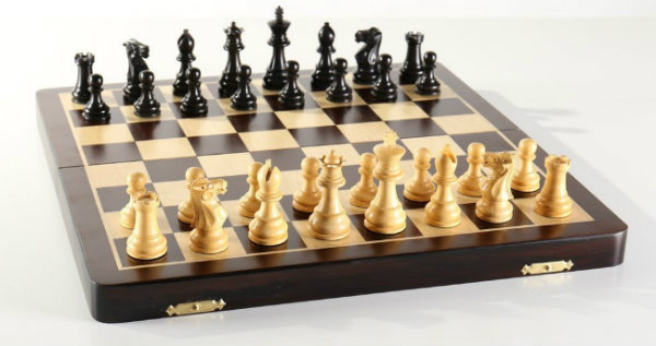 The Large 15 3/4" Folding Magnetic Rosewood/Maple Chess Set in Leatherette Case