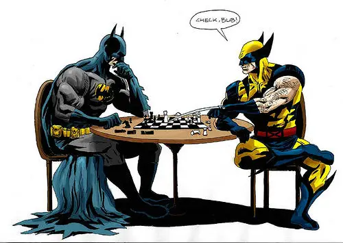 Batman and Wolverine Playing Chess