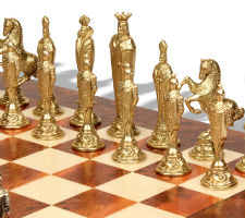 Renaissance Theme Metal Chess Set with Elm Burl Chess Board
