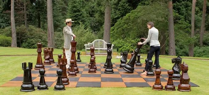 MegaChess Teak Giant Chess Set in a Garden