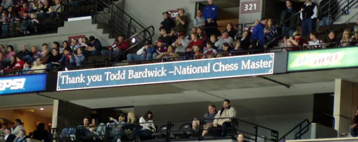 A sign in honor of Todd at the Pepsi Center where he has taught chess to thousands of people