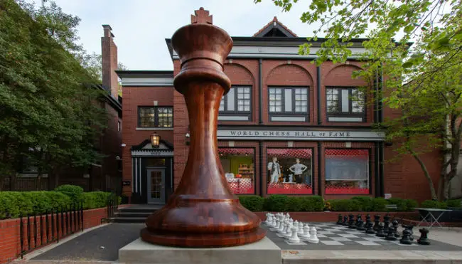 The largest chess piece ever created, stands proudly outside the entrance of the World Chess Hall of Fame in St. Louis, Missouri